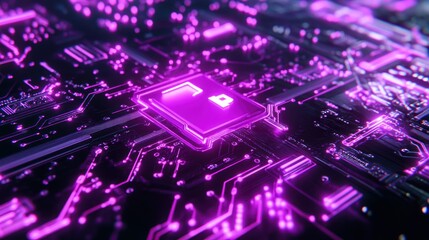 Glowing purple CPU on circuit board.