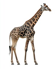 Naklejka premium Giraffe profile, standing, isolated on white background. Spotted coat, long neck and legs