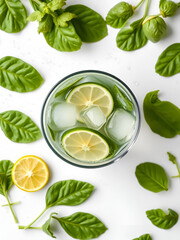 Cold water with ice, spinach, cucumber and lime juice  for summer healthy drink on mint white background, top view mockup.