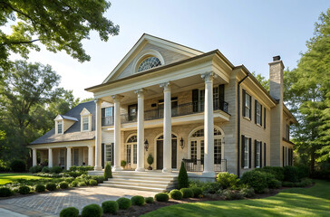 Fototapeta premium Elegant Craftsman Style Home with Wraparound Porch and Lush Landscaping