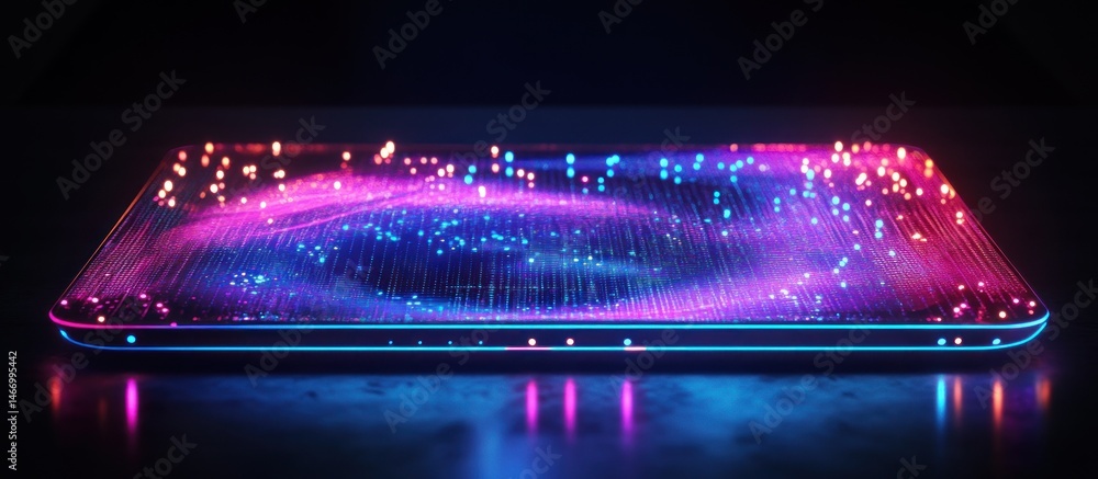 Poster futuristic glowing tablet displaying swirling data streams.