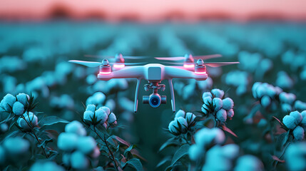 A drone hovers over a cotton field, capturing aerial images at sunset for agricultural monitoring.