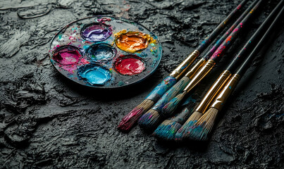 Fototapeta premium Colorful Paint Palette and Brushes on Dark Textured Surface