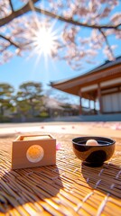 Hanami Picnic Setting with Cherry Blossoms and Sunlight