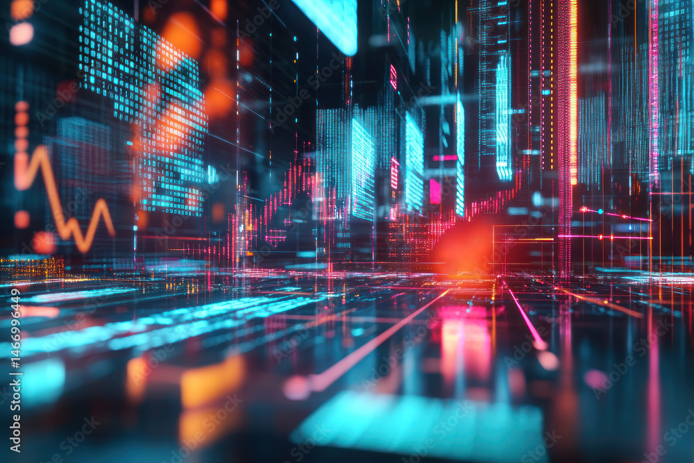 Poster digital data flow depicted with glowing graphs and arrows in futuristic cyber environment. business 