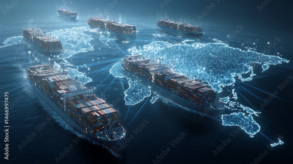 Poster futuristic cargo container ships utilize technology for global logistics, employing world maps and s
