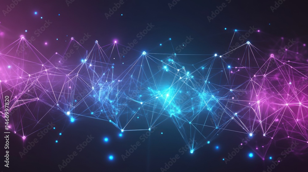 Poster abstract digital network connection with glowing nodes and lines.