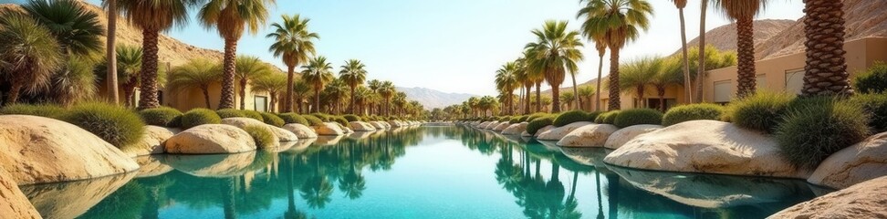 Fototapeta premium Small pond surrounded by date palms, clear sky, quiet, arid, vegetation