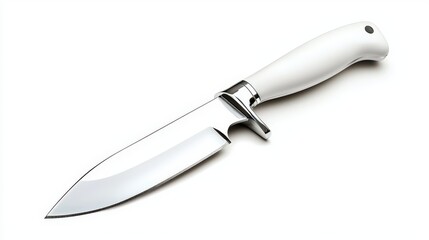 Fototapeta premium A gleaming hunting knife with a polished steel blade and a bright white handle rests on a stark white surface, casting a subtle shadow from its point.