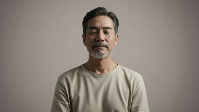 Serene middle-aged asian man with grey beard meditating peacefully with closed eyes against a plain background, embodying mindfulness, relaxation, stress relief and mental wellbeing practices