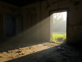 Sunbeams Streaming Through Open Door in Abandoned Building,vintage, rustic, decay, ruin.
