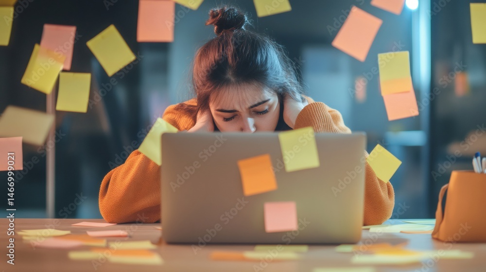 Poster stressed individual surrounded by sticky notes at a desk, capturing the chaos of multitasking and de