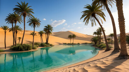 Fototapeta premium Oasis in the desert with palm trees and tranquil blue water
