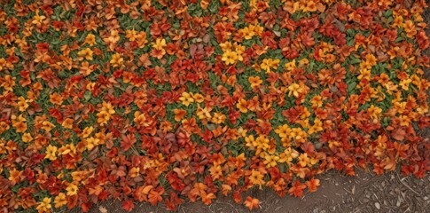 Autumn leaves blanket flowerbed soil, rich earth tones , november, orange