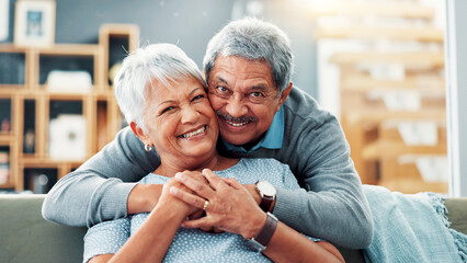 Portrait, hug and old couple with love, home and bonding together with smile in living room. Face,...