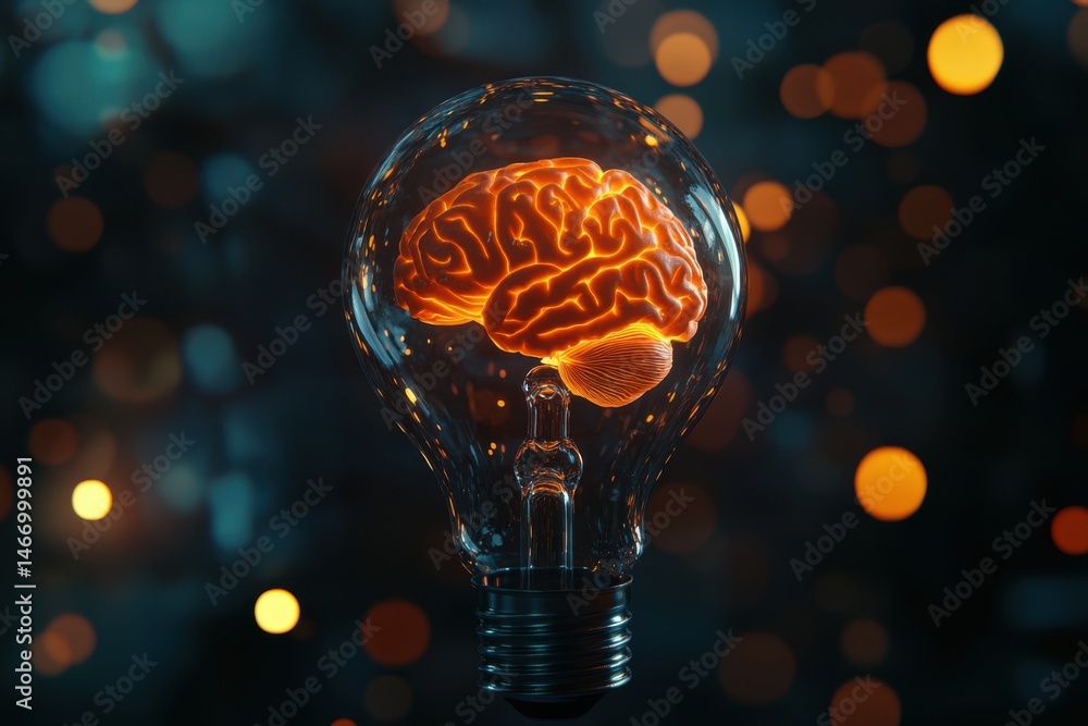 Poster glowing brain inside a lightbulb against a dark background with bokeh effect and intricate details