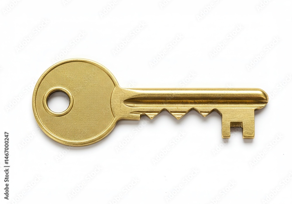 Poster a single golden key with a circular head lying on a white surface in a studio setting close up view