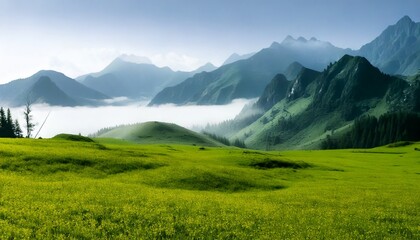 Paisaje de valle brumoso con campo verde y monta&ntilde;as brumosas; hermoso fondo de pantalla matutino; fondo pintoresco inspirador para pancartas o postales, espacio de copia, dise&ntilde;o de lugar, inspiraci&oacute;n