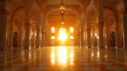 Golden Hour Grandeur: Sunlit Interior of a Majestic Hall