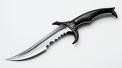 A ornate fantasy dagger with a curved blade and decorative black handle is displayed against a clean white background, creating a striking contrast.
