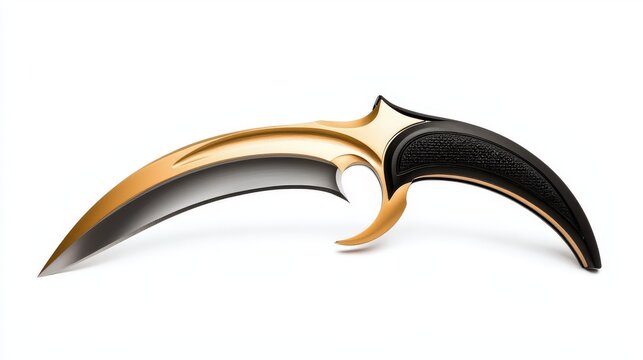 A golden karambit knife with a curved blade and black handle rests on a clean white background, its point gleaming in the light against the smooth surface.