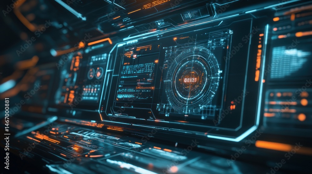 Poster futuristic digital interface with glowing hud displays and data streams.
