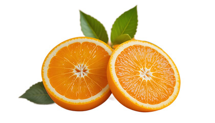 Two vibrant orange halves, revealing juicy segments and fresh leaves against a clean white background.