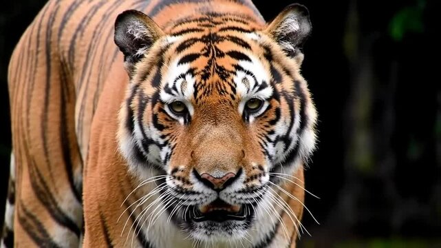 Facing Tiger Staring Intensely at Camera in Wild Habitat Close-up