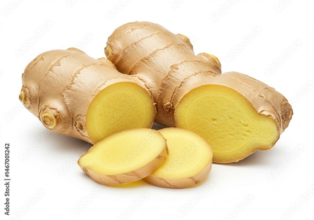 Poster a close up shot of ginger root with slices isolated on a white background showing the texture and co