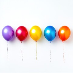 Colorful balloons in a row against a white background.  Shiny, vibrant party decorations