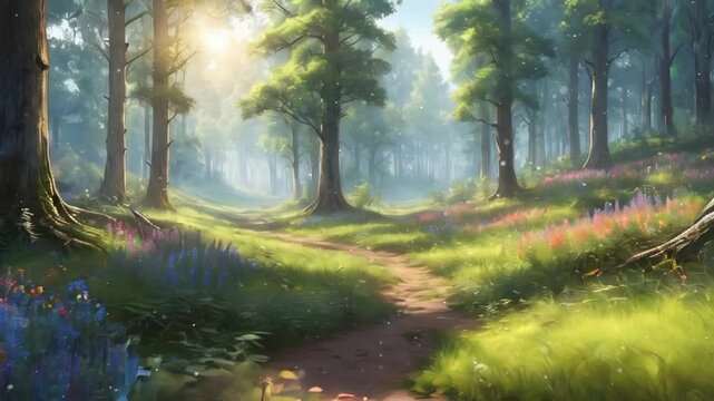 Scenic Path Through Sparse Forest with Flower-Covered Clearings
