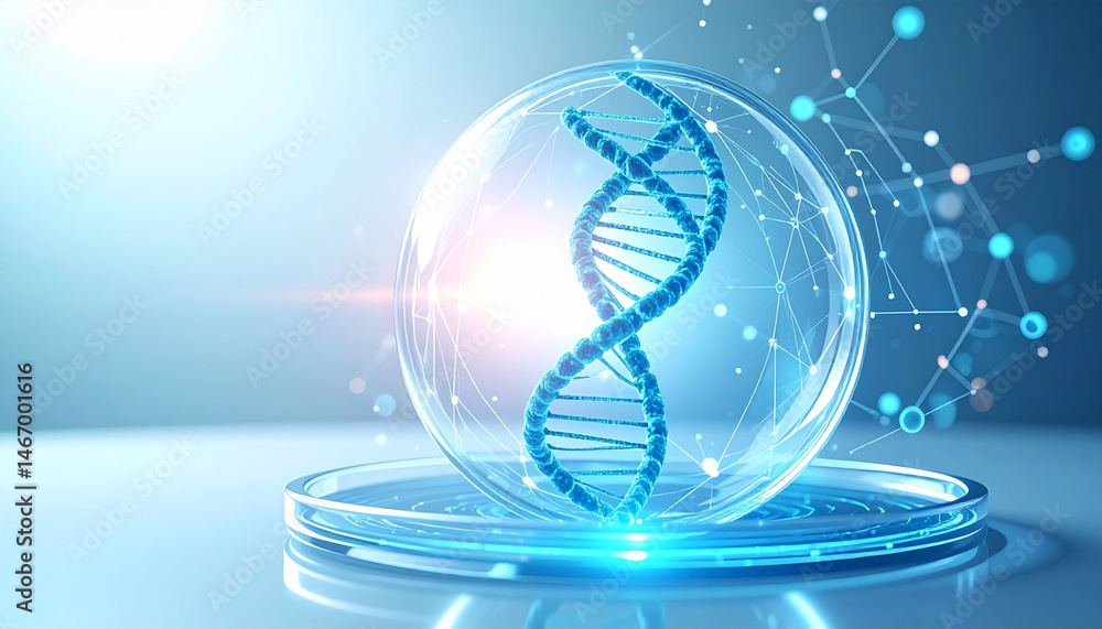 Poster exploring dna structures in a high-tech laboratory environment digital science visualization