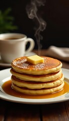 Golden pancakes, melted butter, steaming coffee , home, breakfast