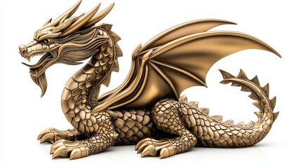 Fototapeta premium An intricately detailed golden dragon statue with majestic wings and powerful claws rests regally on a bright white surface, embodying strength and mythology.