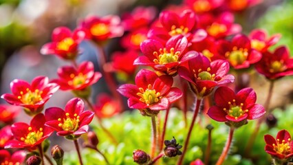 Obraz premium Red Saxifrage flowers in alpine garden macro close-up , close-up, macro, close-up,macro,saxifrage