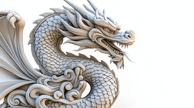 A detailed white dragon sculpture with scales, wings, and an open mouth is artistically captured against a clean, minimalist white background, showcasing form.
