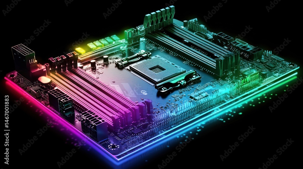 Poster rgb illuminated computer motherboard with cpu socket and various ports.