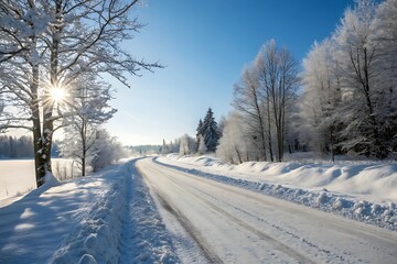 Obraz premium A snowy winter road winds through a cold mountain landscape with frozen trees under a white sky