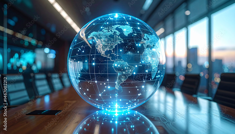 Poster global digital sphere displaying connectivity insights in modern office environment