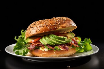 Delicious avocado bacon bagel sandwich perfect brunch Sesame bagel crisp bacon ripe avocado slices
