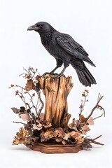 A meticulously crafted raven perched atop a weathered wooden stump, surrounded by autumnal foliage