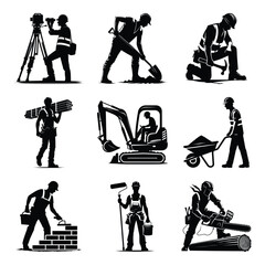 Construction worker bundle set collection vector illustration isolated on a white background