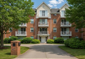Exterior view of a brick apartment building with white balconies and green trees in the foreground