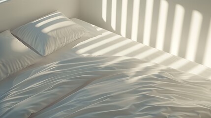 Serene Bedroom Interior with Morning Sunlight Streaming Through Window Blinds