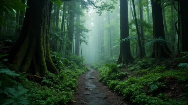 Serene forest pathway surrounded by fog and lush greenery  