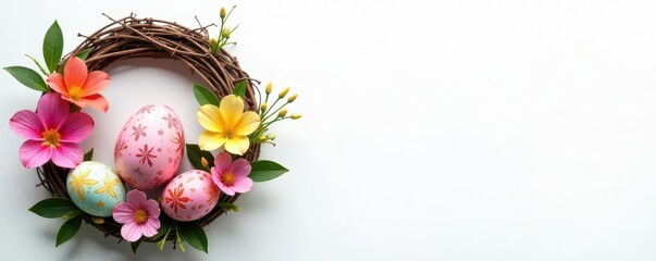 Vibrant Easter egg and flower wreath on white , bunny, design