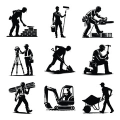 Construction worker bundle set collection vector illustration isolated on a white background