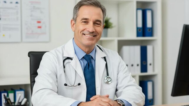 Friendly male doctor in a white coat with a stethoscope smiles at the camera while sitting at his desk in an office, representing medical consultation and healthcare services