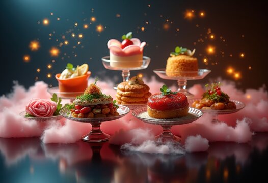 floating gourmet dishes airborne culinary presentation spectacular visual display, chef, plate, appetizer, dessert, cuisine, ingredient, banana, mocha