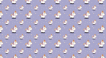 Cartoon illustration of unicorn, repeating pattern on sweet purple 